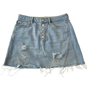 Free People We The Free Denim Mini Skirt Distressed Button Fly Light Wash Sz 27